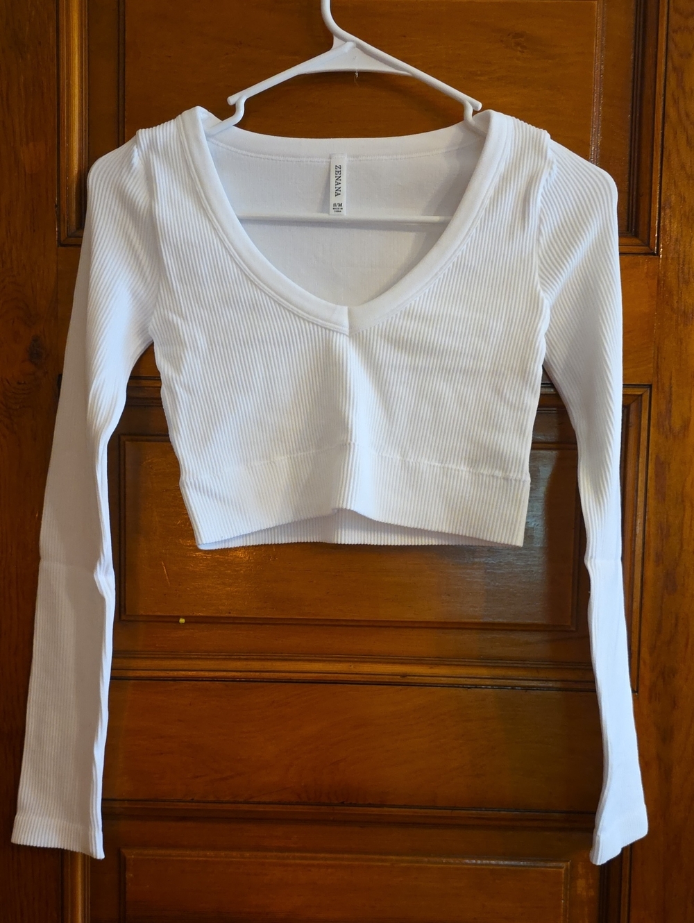 Zenana Outfitters White Ribbed V-Neck Long-Sleeve Crop Top